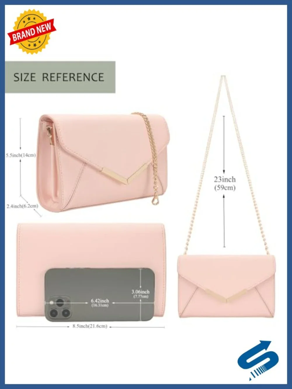 Faux Saffiano Leather Envelope Clutch Evening Bag with Chain Strap
